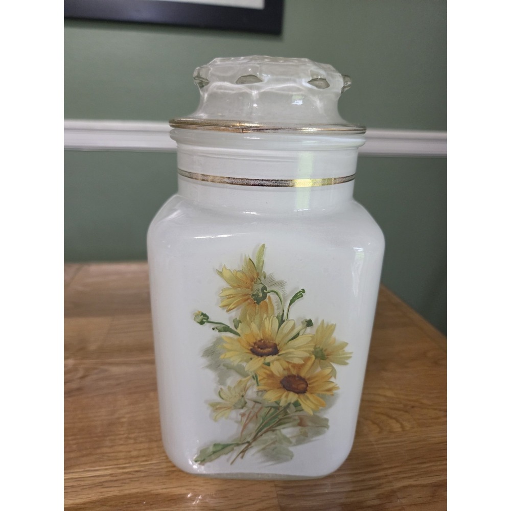 Vintage White Frosted Glass Jar Gold Trim with Lid and Yellow Daisy Flowers